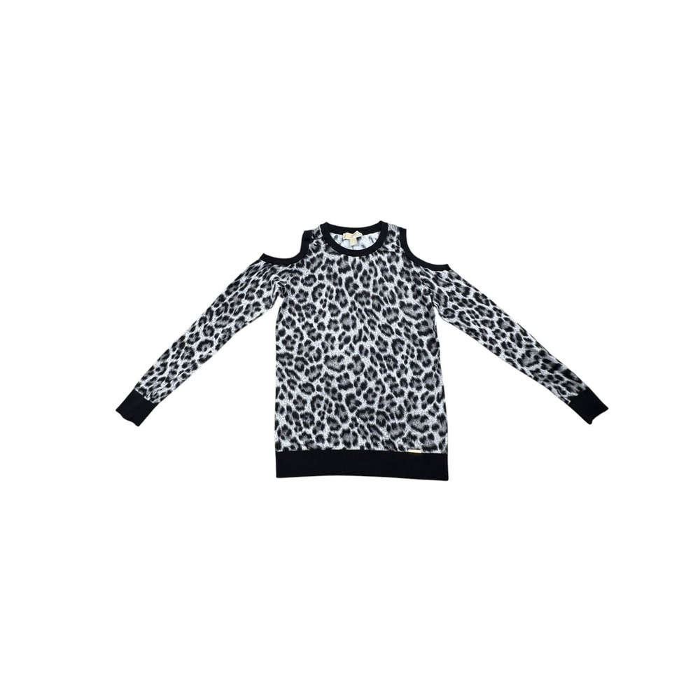 Michael Kors Leopard Cold Shoulder Sweater Women's Medium Gray Black